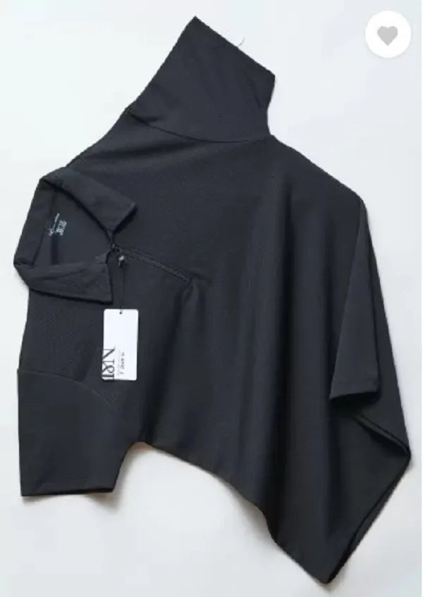 Men Solid Ziper Polo Neck Polyester Black T-Shirt